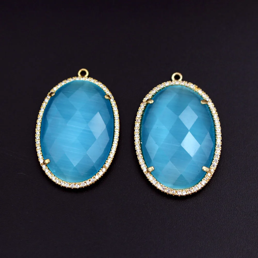 6pcs Gold Plated Stone Oval Pendants Color Cats Eye Stone CZ Paved Charms For DIY Handcrafts Dangle Earrings Necklace Supplies