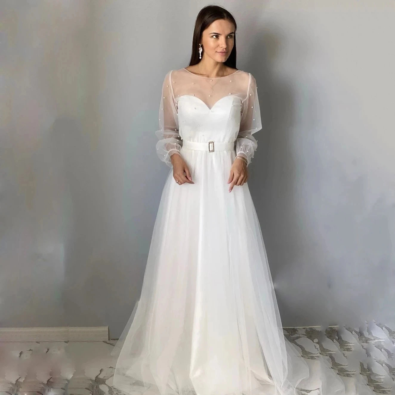 Weiyin AE0736 abito da sposa semplice in Chiffon a maniche lunghe 2023 con cintura fascia lunghezza pavimento Tulle Organza bianca con perle