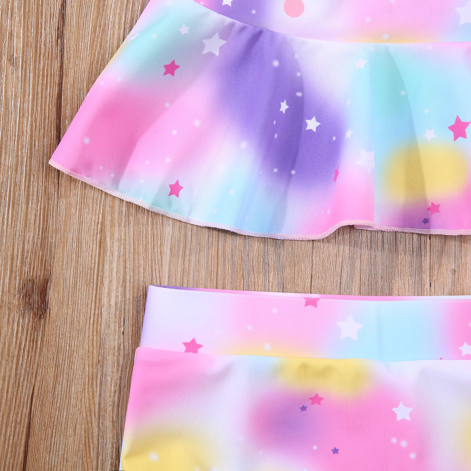 Newest Arrival Girl\'s Two Piece Swimsuit Children Unicorn Pattern Ruffle Hem Fly Sleeve Tops Swimming Shorts for Kids