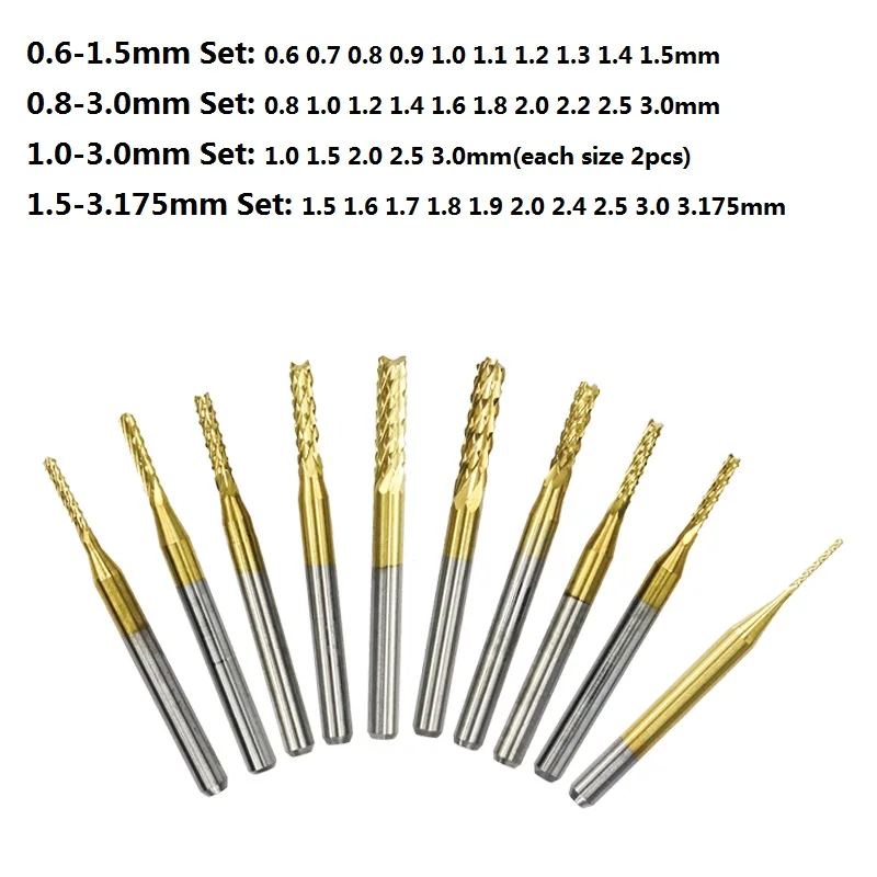 XCAN 10pcs 0.6-3.175mm Carbide PCB Milling Cutter Set 3.175mm Shank PCB Machine Engraving Bit End Mill