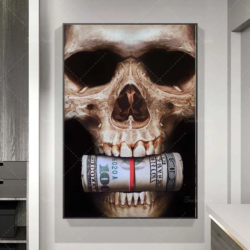 Abstract Skull Head with Money Canvas Posters and Prints Dollar Art Canvas Paintings on The Wall for Home Bar Wall Decor Picture