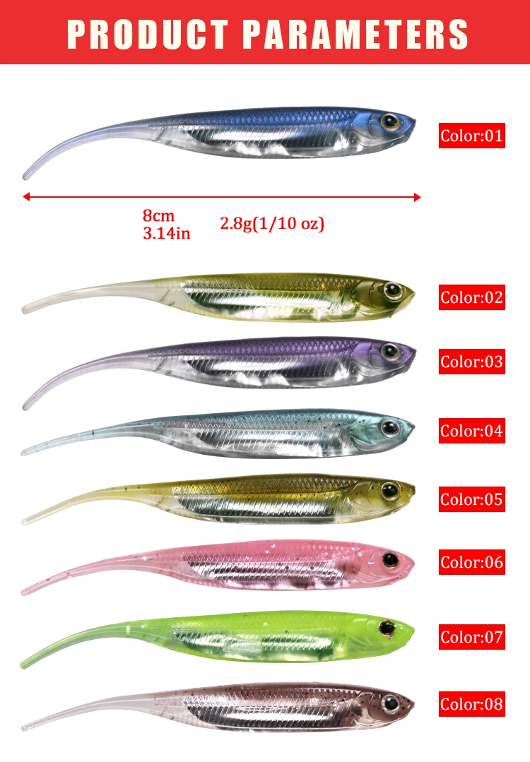5/6 stücke Angeln Weichen Köder 70mm 80mm 100mm T Shad Angeln Weiche Köder Silikon Swimbaits künstliche Köder Wurm Für Bass Angeln – Detail 2