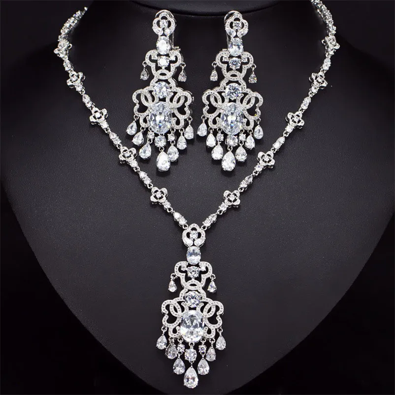 CC Wedding Jewelry Sets Earrings and Necklace For Bridal Parure Gorgeous Rhinestone  Pendants Jewelry For Women T0101