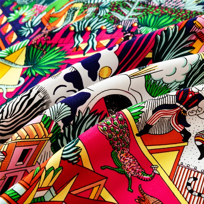 POBING Twill Silk Scarf Women Animals Kingdom Square Scarves Manual Hand Rolled Echarpes Foulards Femme Wrap Bandana Hijab 90CM