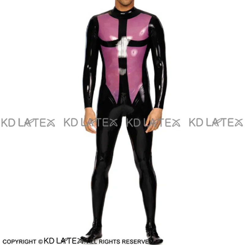 Black And Transparent Purple Latex Catsuit With Big Cross Back To Crotch Zipper Rubber Bodysuit Overall Zentai LTY-0153