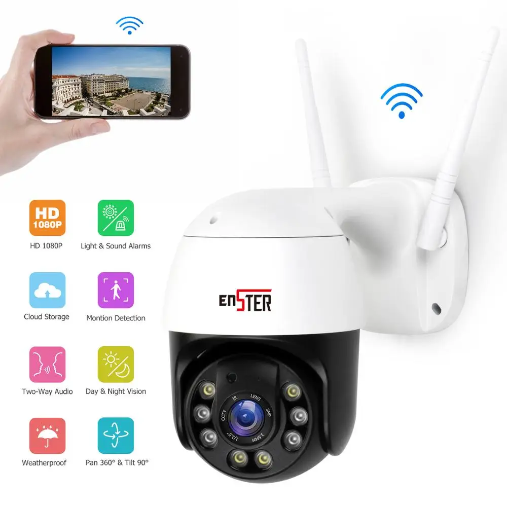 Outdoor Security CCTV P2P PTZ Motorized Pan Tilt Wireless WiFi Camera 2MP 1080P Support 64GB Max TF Card Motion Detection