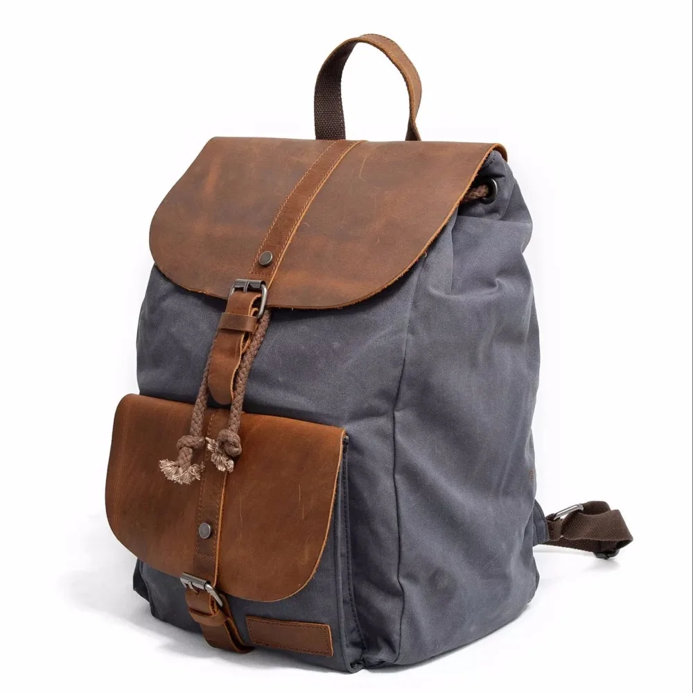 Fashion Waterproof Waxed Canvas Backpack Men Genuine Leather Ruckpack Travel Women Backpack Teenager Hiking Bagpack Knapsack