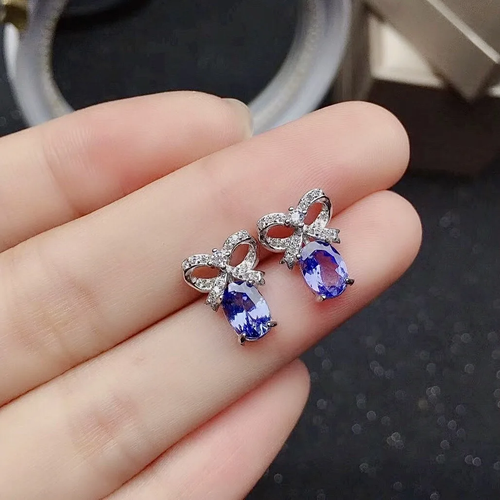 Fashion Silver Bow-knot Stud Earrings with Gemstones 5*7mm 100% Natural Tanzanite Silver Earrings 925 Silver Tanzanite Earrings