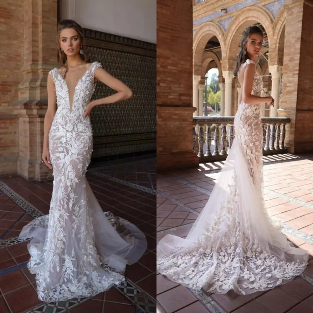 2021 vestidos de casamento de renda sexy decote em v profundo 3d apliques sereia vestidos de noiva feitos sob encomenda sem costas varredura trem vestido de casamento