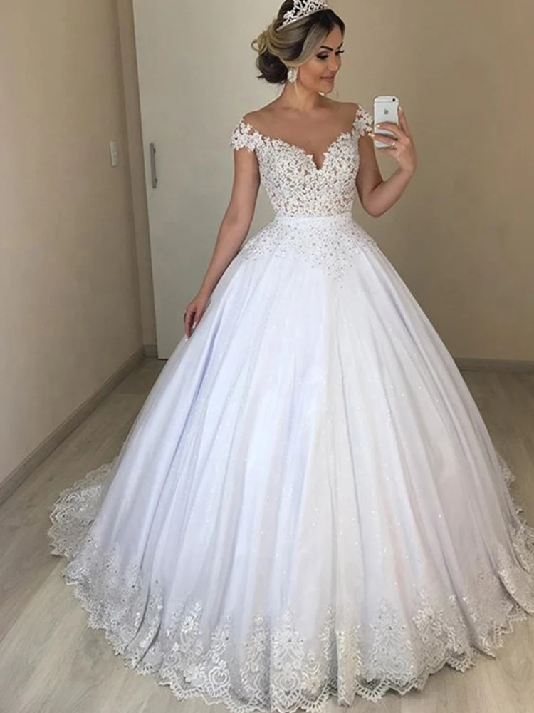 Robes de mariée à manches courtes A-ligne pour femmes, appliques de perles CitroBeads, vêtements de mariage en tulle, tout ce qui est sur mesure, patients