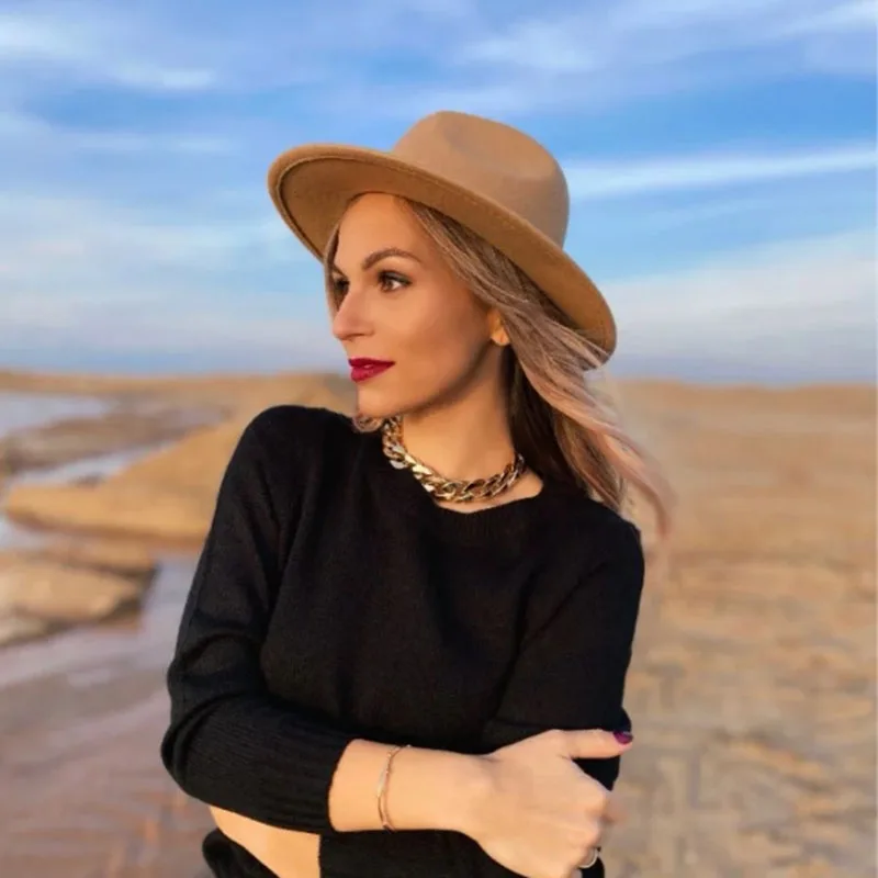 

2020 winter fedora hats for women fashion Flat wide Brim Wool Felt Jazz Fedora Hats for men black goth top vintage wedding Hat