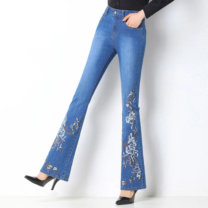 Women's High Waist Flare Jeans Vintage Women Blue Floral Embroidery Pocket Mom Jeans Skinny Stretch Denim Pants