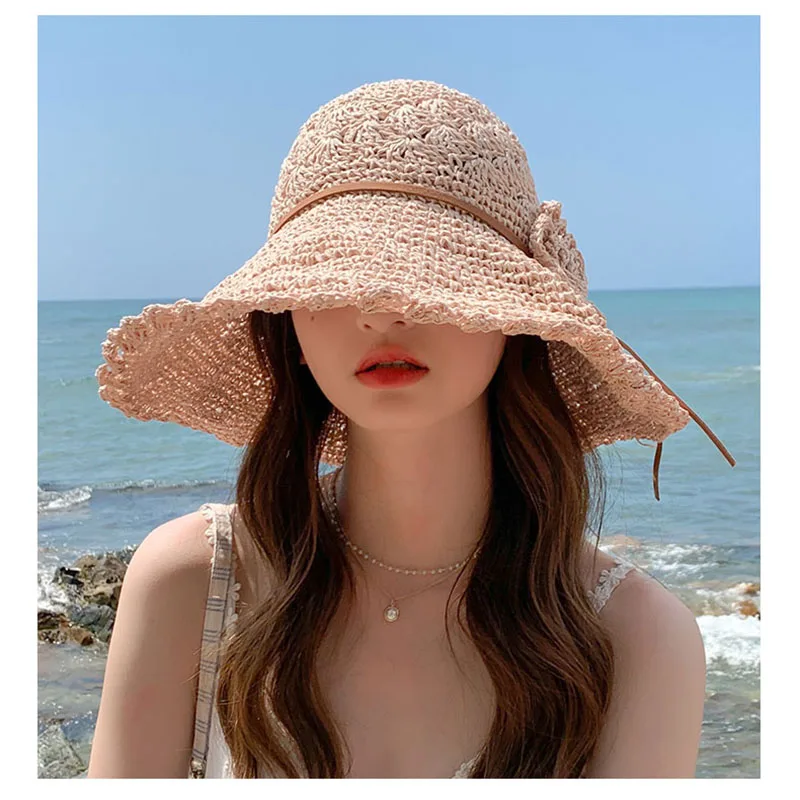 2021 FASHION Summer New Women\'s Sun Hat Bucket cap beige lace Bowknot Flowers Ribbon Flat top Panama soft Straw Hat Beach Caps