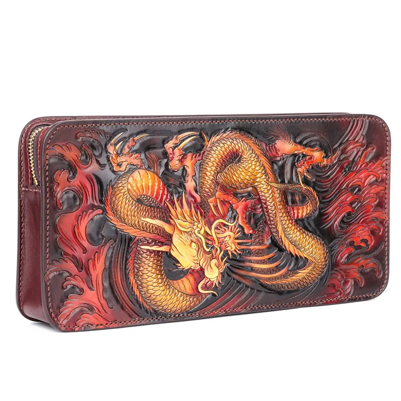 High End Unique Gift Handmade Carving Chinese Dragon Women Men Wallet Purses Long Wallets  Clutch Genuine Leather Men Purse