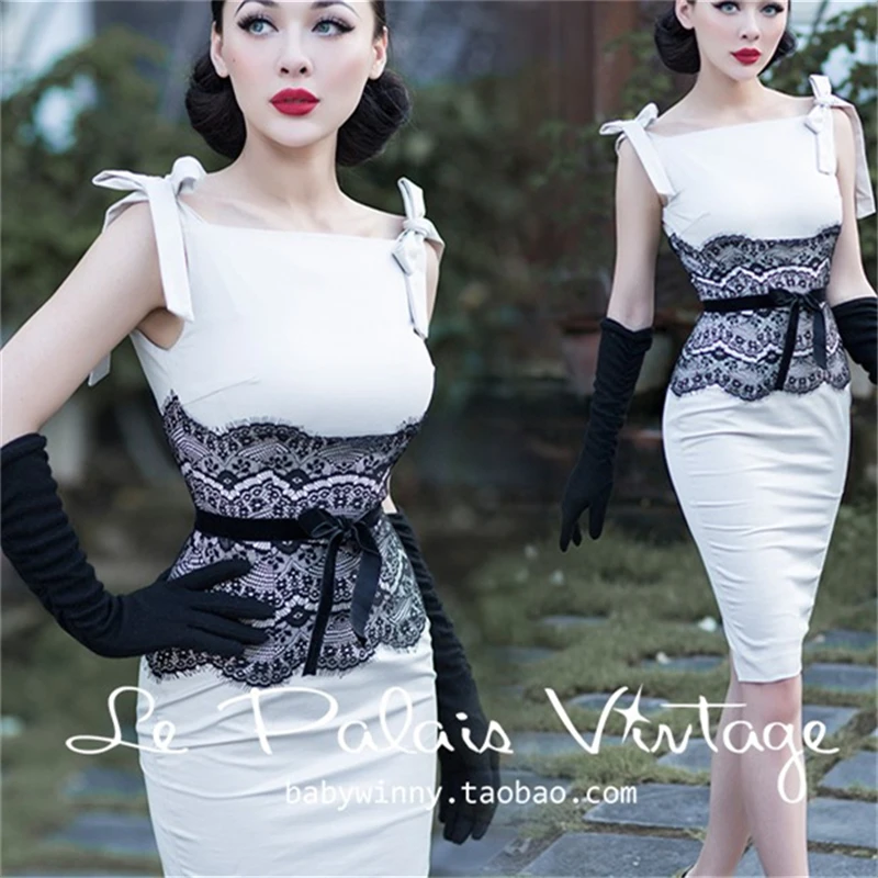 Europe and America Vintage Elegant Solid White Patchwork Black Lace Slim One-Piece Dress Spaghetti Strap Basic High Waist Dress
