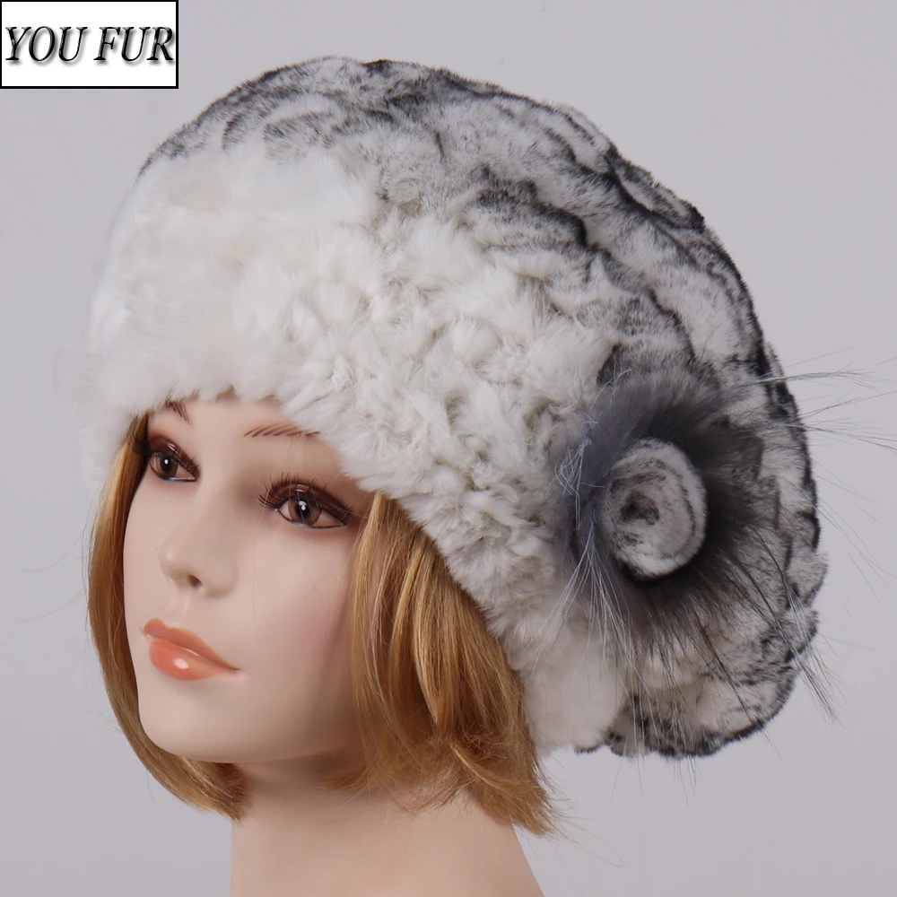 New  Women Real Natural Rex Rabbit Fur Beret Hats Winter Warm Rex Rabbit Fur Caps Lady Knitted Elastic Genuine Fur Beanies Cap