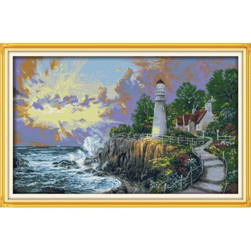 Seaside Lighthouse Scenery Series Cross Stitch Kits 14CT 11CT Canvas Printing Embroidery Set Needlework Home Decoration Painting