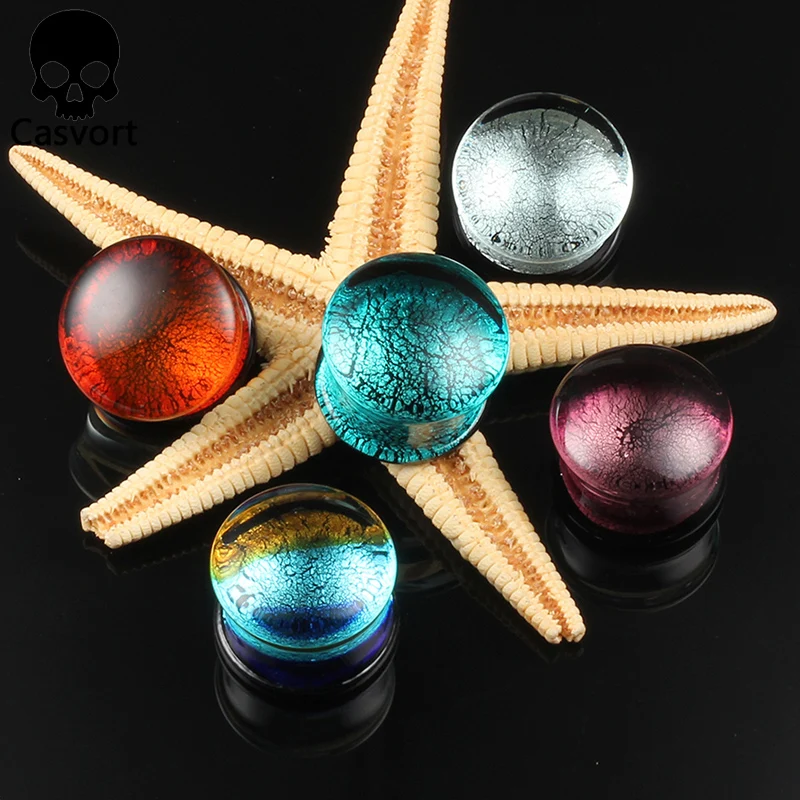 Casvort 2PCS Multi Color Glass Ear Tunnels Piercing Stud Expanders Earrings Spiral Ear Plugs Strechers Fashion Body Jewelry