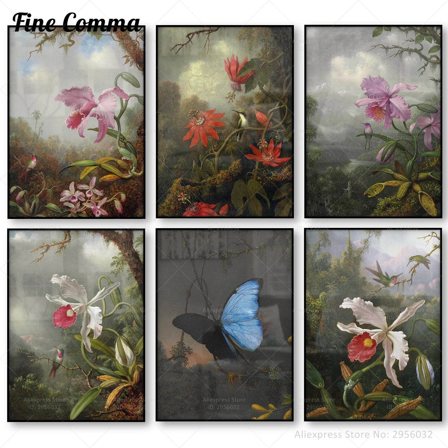 

Orchids and Hummingbirds Martin Johnson Heade Poster Vintage Painting Print Butterfly Bird Wall Art Canvas Print Home Decoration