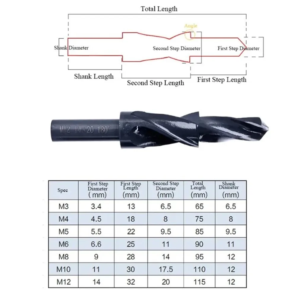 90/180 درجة M3-12 HSS غاطسة دوامة خطوة مثقاب الخشب لحفر المعادن conwomsunk الحفر الفرعية خطوة الحفر الشطب