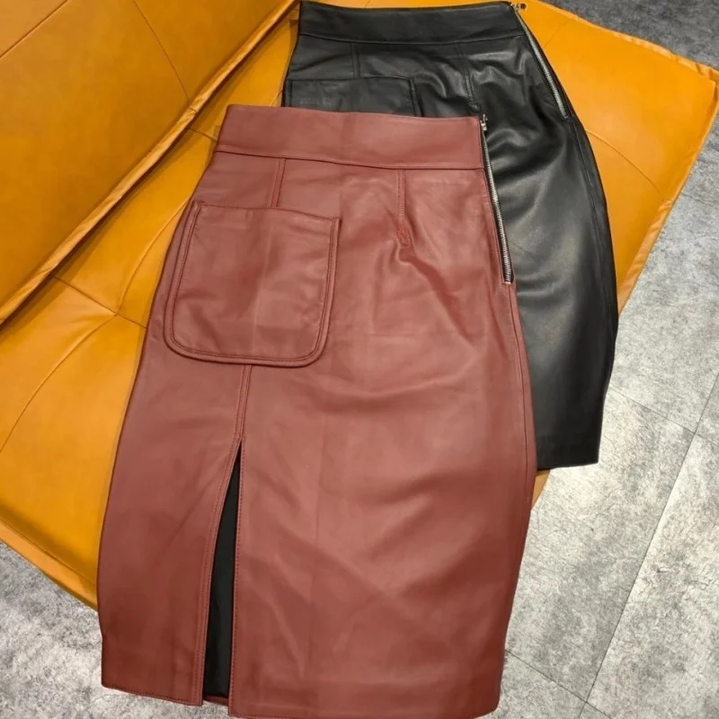 Real Women Leather Mid Skirts Autumn Winter Slim High Waist Front Split Wrap Skirt Fashion Elegant Ladies Wine Red Skirts S-XL