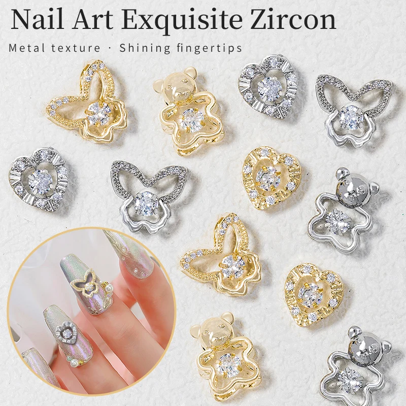 2Pieces Beating Heart Small Bear 3D Alloy Nail Art Decorations Spin Crystal Nail Jewelry Zircon Manicure Accessories