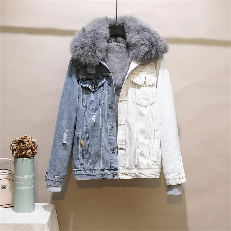 Winter New Female Parkas Real Fox Fur Collar Rabbit Fur Liner Denim Jacket Women Thick Short Contrast Color Hole Buttons Coat