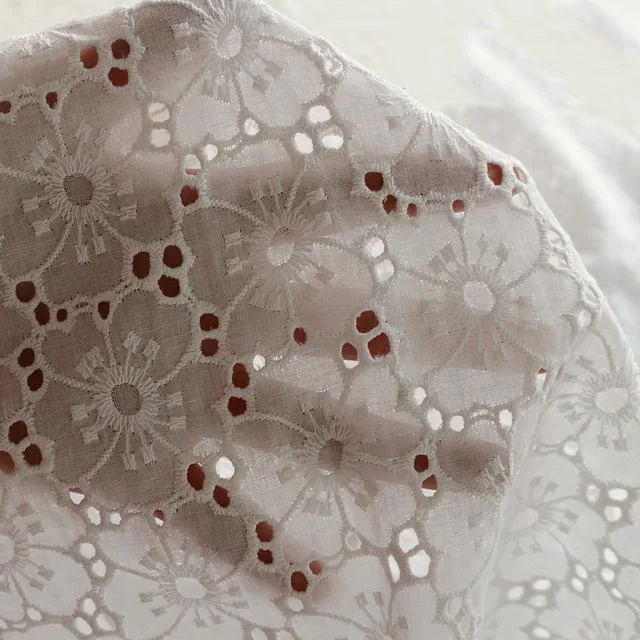 100% Cotton White Hollow Embroidery Lace Fbric For Wedding Dress Fashion Clothing Skirt Fabric