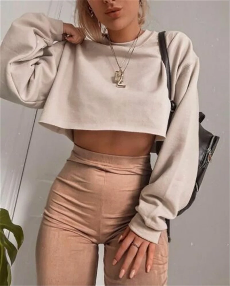 Women\'s Solid Color Long Sleeve Loose Casual Sweatshirt Jumpe Sports Pullover Autumn Exposed Umbilicus Crop Tops