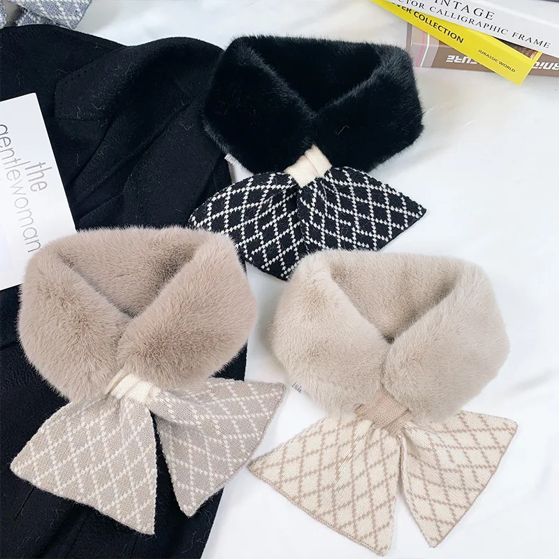 2021 new korea style with thick warm wool scarf women knitting cross stitching imitation rabbit wool collar women scarf