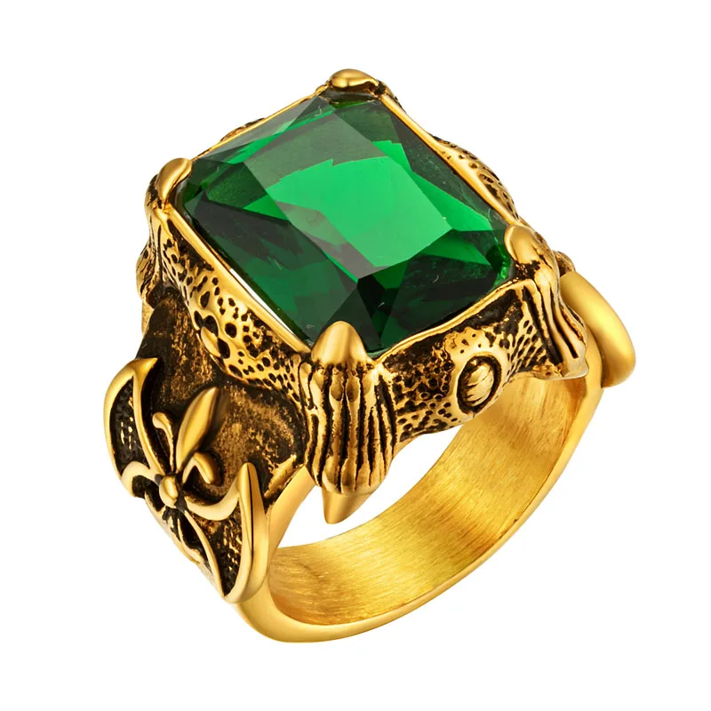 

Men's Gold Color Vintage Gothic Dragon Claw Biker ring Band green CZ Crystal ,stainless steel fashion cross finger ring jewelry