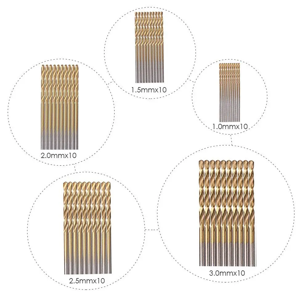 50 peças titânio revestido broca bits conjunto hss alta velocidade aço broca conjunto ferramenta de alta qualidade conjunto de ferramentas manuais 1/1.5/2/2.5/3mm
