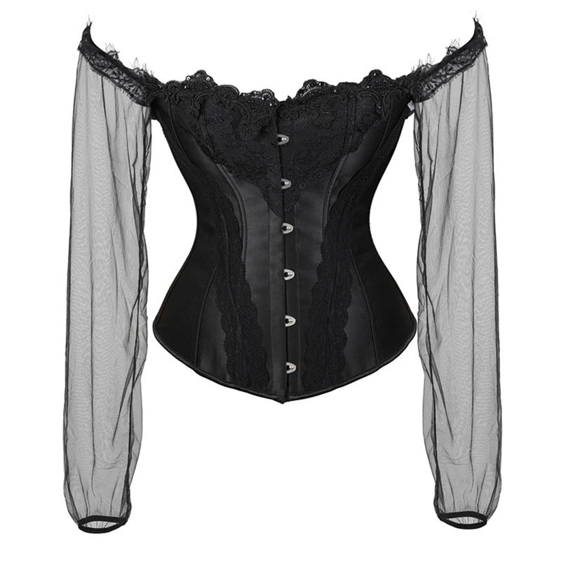 

Sexy Lingerie Women Overbust Corset Bustier Top Prom Party Steampunk Gothic Black Mesh Long Sleeves Corsets Body Shapewear