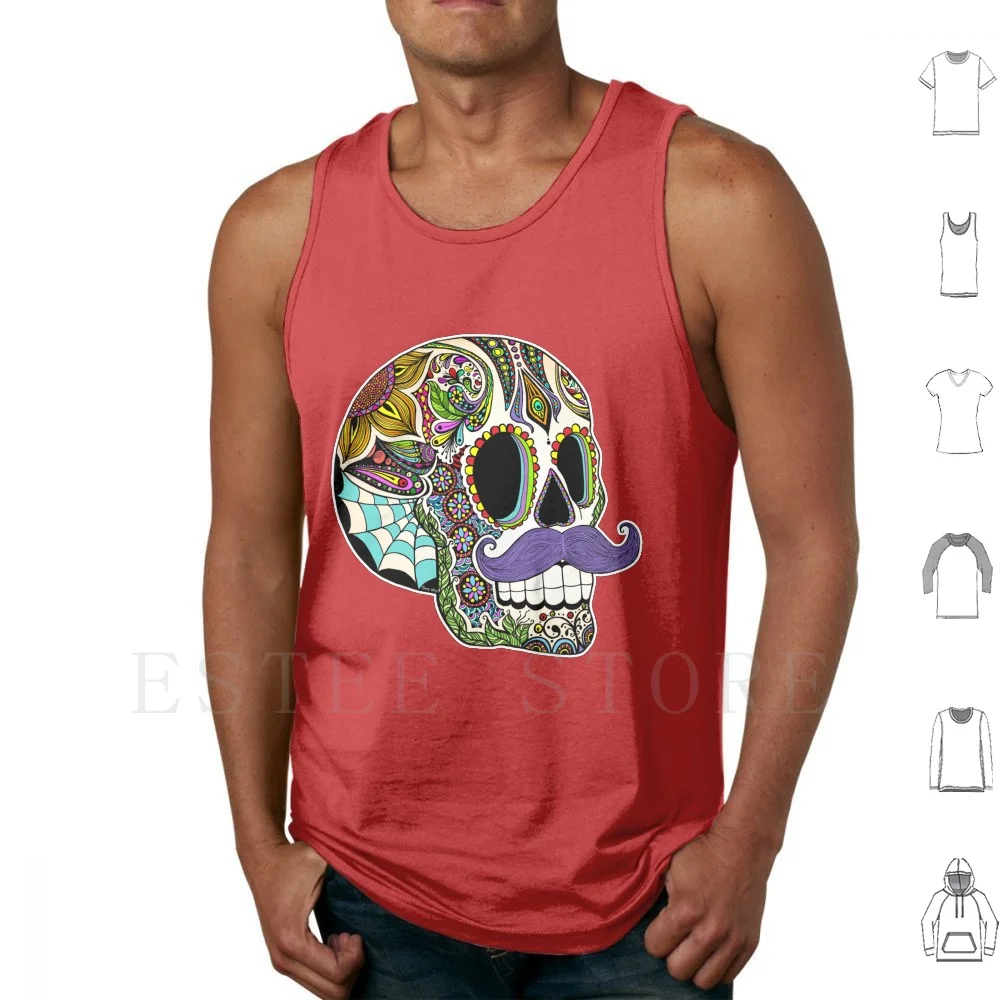 Mustache Sugar Skull ( Color Version ) Tank Tops Vest Cotton Mustache Moustache Skull With Mustache Movember Day Of The Dead