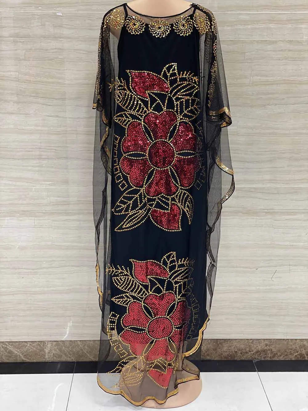 New Style African Women\'s Clothing Dashiki Abaya Fashion Gauze Fabric Sequins Bat Sleeve Loose Dress Free Size Single Piece