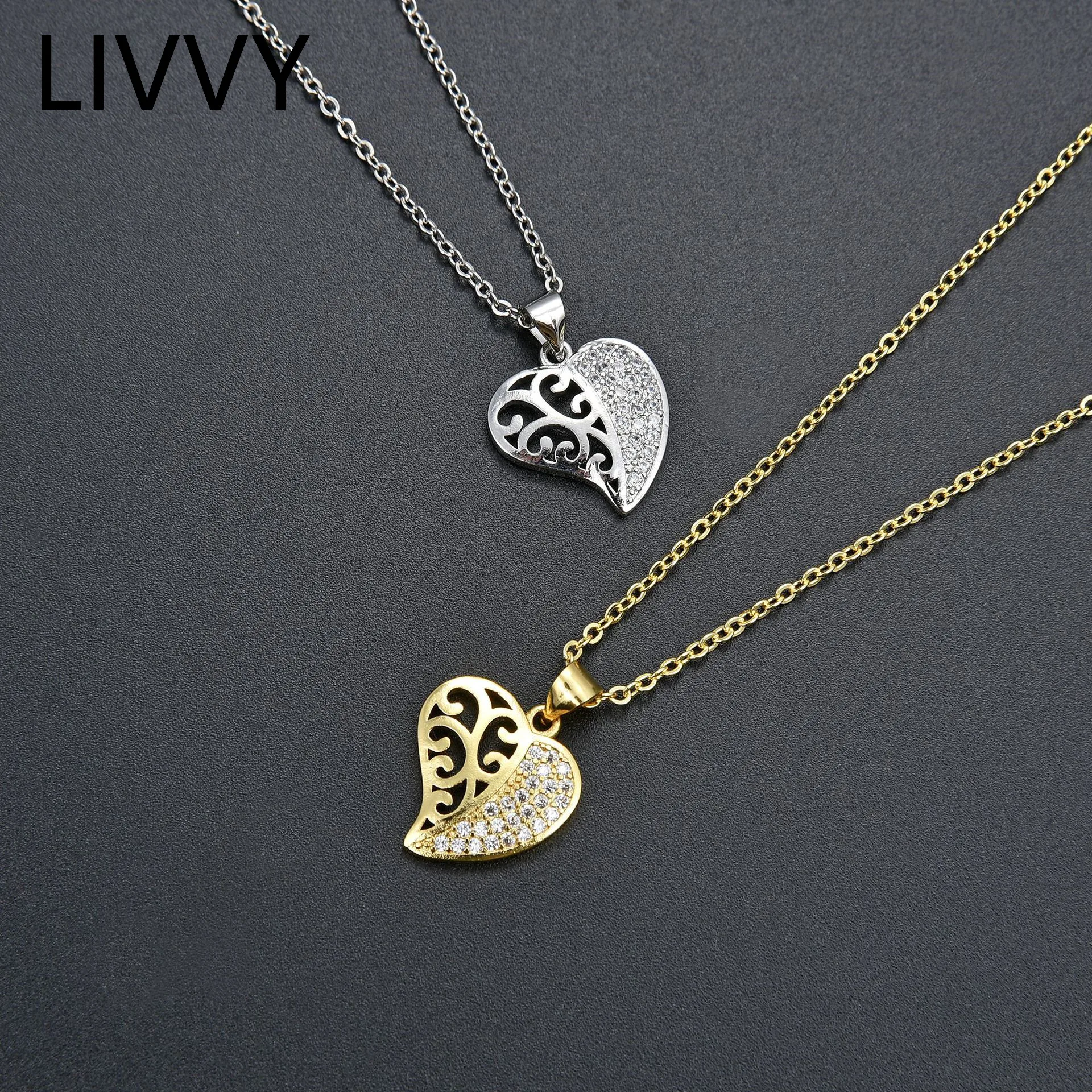 

Silver Color Creative Irregular Hollow Inlaid Zircon Heart Pendant Necklace Female Trend Sweater Clavicle Chain Wedding Jewelry