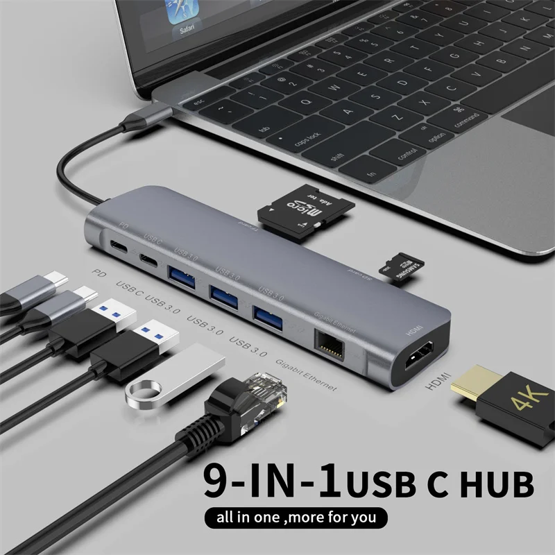 

9IN 1 Aluminum Type C HUB USB C Charging Adapter Hub