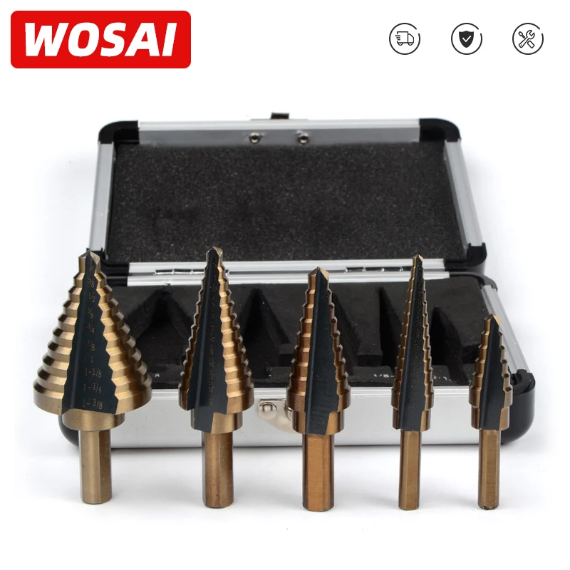 WOSAI 5pcs HSS Cobalt Step Drill Bit Set Titanium Cone Drill Hole Cutter Bit Multiple Hole 50 Sizes Step Drill Bit Power Tool