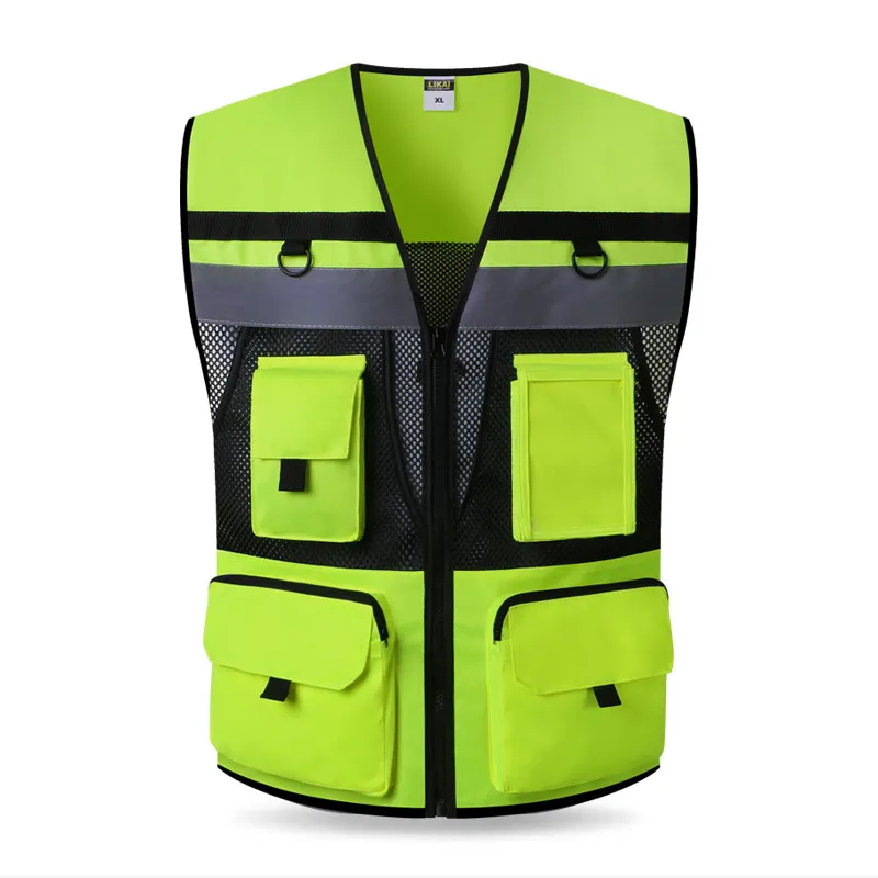 Hi Vis 반사 안전 조끼, 메쉬 여름 조끼, 재킷 조끼, 멀티 포켓 카고 작업복, 남성 보호 경고 조끼