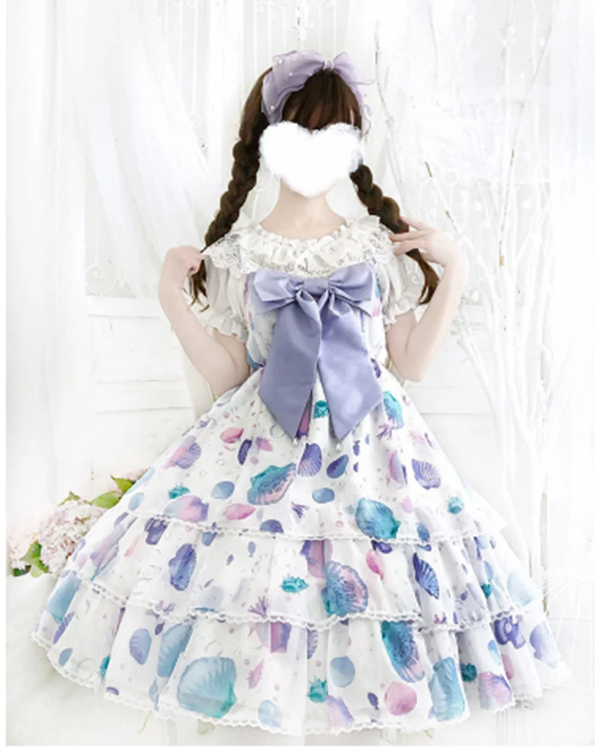 

Shell JSK strap lace bow Sweet lolita dress vintage falbala bowknot cute printing high waist princess victorian dress kawaii