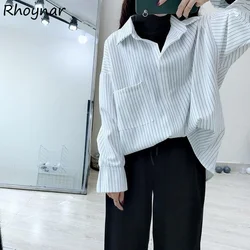 Long Sleeve Shirts Women New Design Patchwork Hong Kong Style Cozy All-match Fashion Basic Elegant Female Striped Simple Vintage