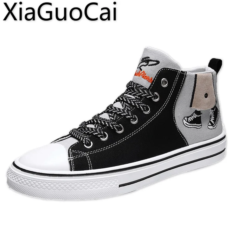 Black and Orange Men's Casual Canvas Shoes Fashion High Top Unisex Casual Sneakers Breathable Printed Flat Shoes for Couple