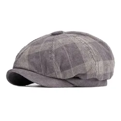 Spring Autumn Corduroy Plaid Newsboy Caps Flat Peaked Cap Men and Women Painter Beret Hats 23