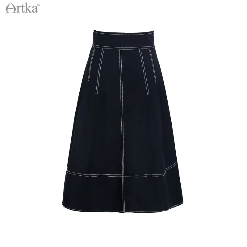 ARTKA 2021 Summer New Women Skirt Fashion High Waist Single-breasted A-Line Skirts Female Midi Black Denim Skirt QA22112X