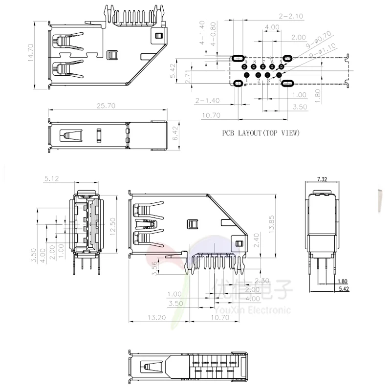 5PCS USB 3.0 Tipo AF Presa ad alta velocità Connettore USB Jack 3.0 Femmina Jack Side DIP Corpo lungo per la trasmissione veloce dei dati