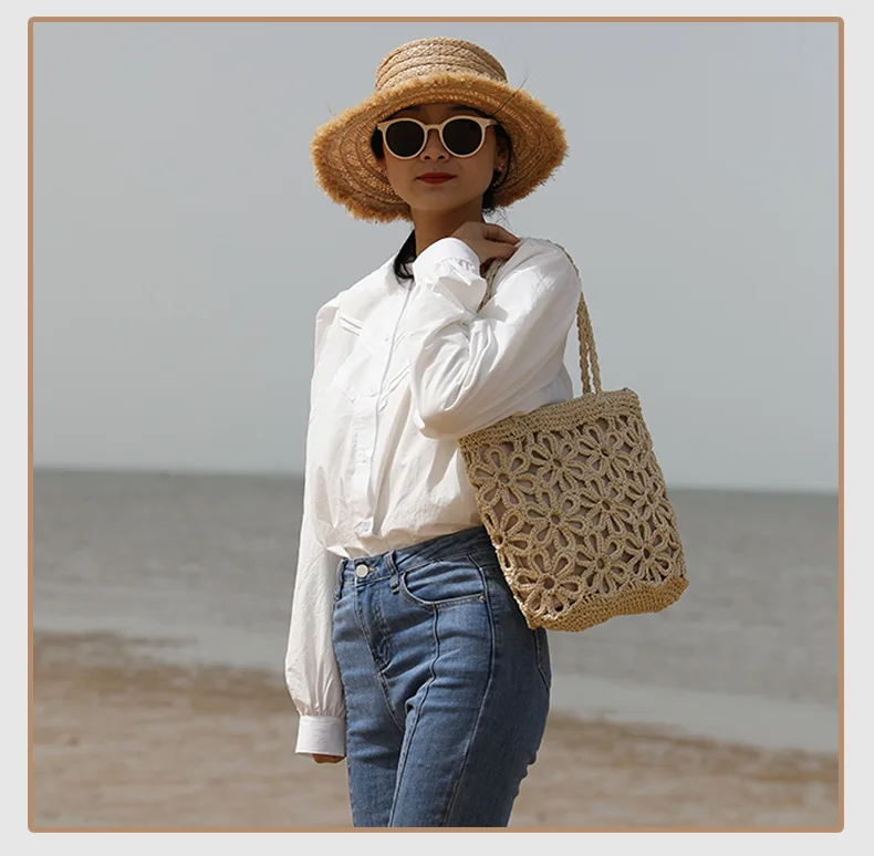 2024 neue stroh tasche hohl blume stroh tasche gewebte tasche frauen schulter tragbare meer urlaub strand rattan tasche