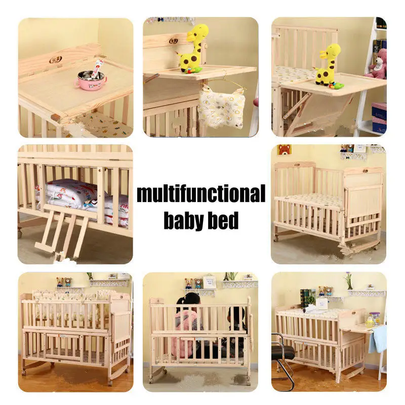 3 Grade Adjust Baby Bed With Wheels, No Paint Crib Have Bedding Set, Can Joint Adult Bed, Can Be Rocking Cradle