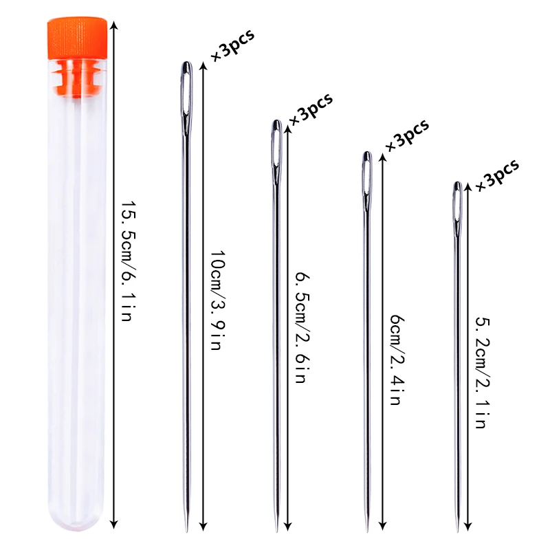 LMDZ 12 PCS Stainless Steel Hand Large Eye Sewing Needles Hand Stitching Needles with Plastic Bottle for Sewing Act Supplies