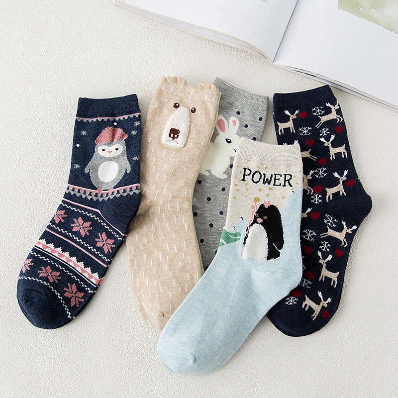 5Pairs New Spring Autumn Women Cotton Socks  In tube Animal Ear Cute Socks Fox Bear Soft Cartoon Socks Girl