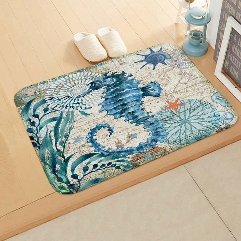 60/80/120cm Marine Style Door Mat Floor Carpet for Living Room Sea Turtle Pattern Coral Fleece Rug Anti-Slip Doormat Home Decor